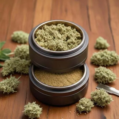 Open Cannabis Grinder with Bud on Top and Kief in Chamber 4 and Buds all Around
