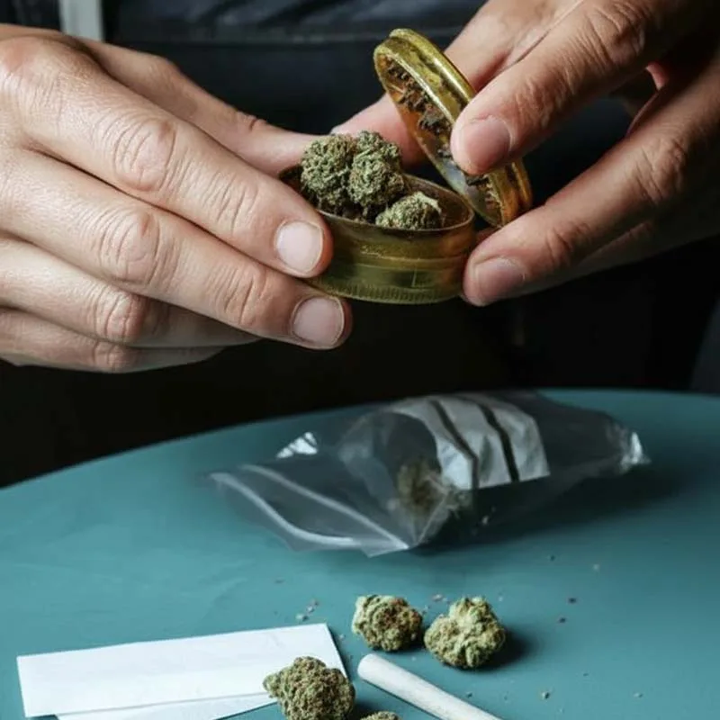 Person Learning How to Grind Weed How To Grind Weed With A Grinder with a Joint and Cannabis Bud on Table
