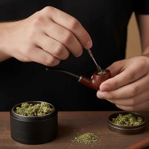 Man Packing a Marijuana Pipe Bowl With Fresh Weed After Learning How to Grind Weed