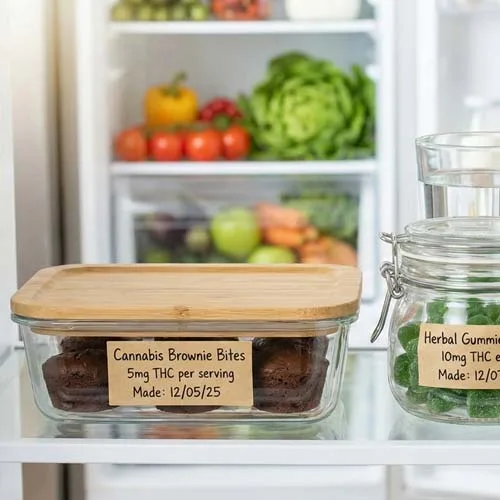 Cannabis Brownie Edibles in a Glass Container Labeled With Creation Date in a Refrigerator