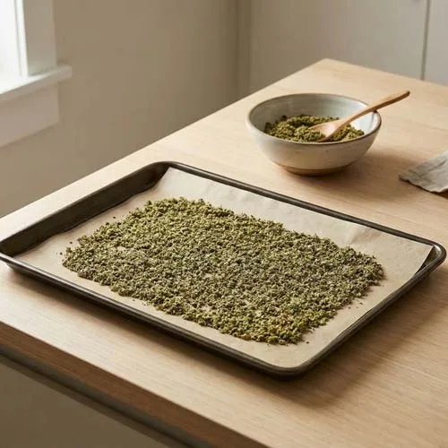 Ground Weed on a Cookie Sheet Ready for Decarboxylation Sitting on a Wood Kitchen Counter