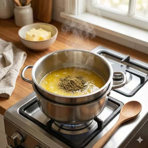 Ground Marijuana Steaming in a Double Broiler Pot of Melted Butter On a Gas Burner