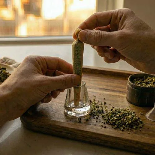 Left Hand Fingers Holding a Packed Cannabis Cone With Right Hand Fingers Twisting the Cone