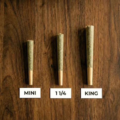 Mini, 1 1/4, and King Size Packed Marijuana Cones on a Wood Table