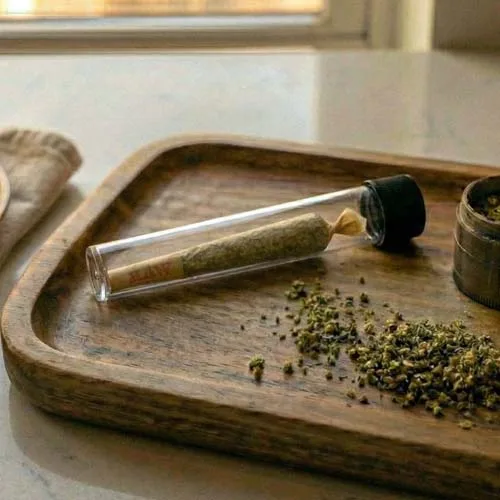 Packed Marijuana Cone Stored in a Glass Cone Tube On a Wood Tray