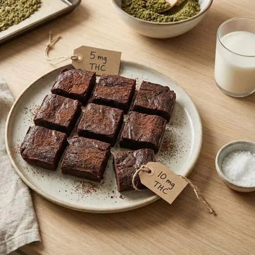 Homemade Weed Brownies on a Plate Labeled With THC Levels Clearly Marked