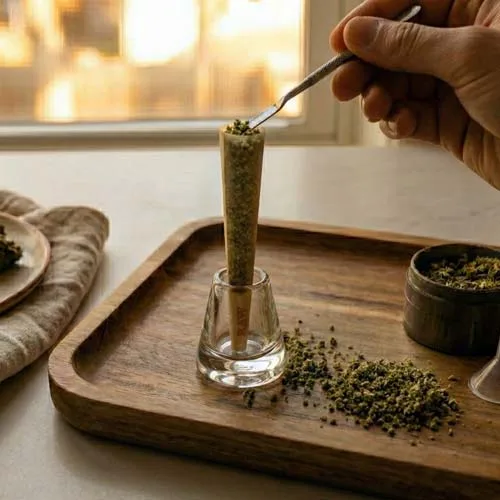 Tapping a Filled Weed Cone to Ensure Even Ground Cannabis Distribution and Burning 